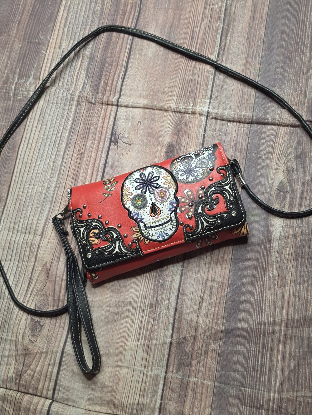 Red Sugar Skull Studded Crossbody Wallet Clutch